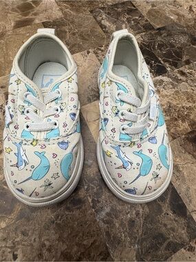Vans Kids White Canvas Sneakers with Blue Whale & Sea Print US 5